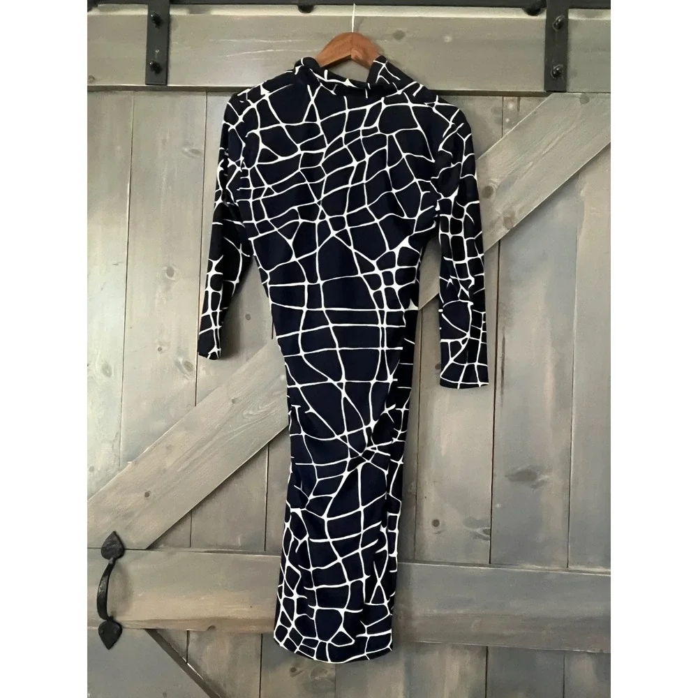 Jones New York Navy Geometric Faux Wrap Sheath Dress 10 Professional Minimalist